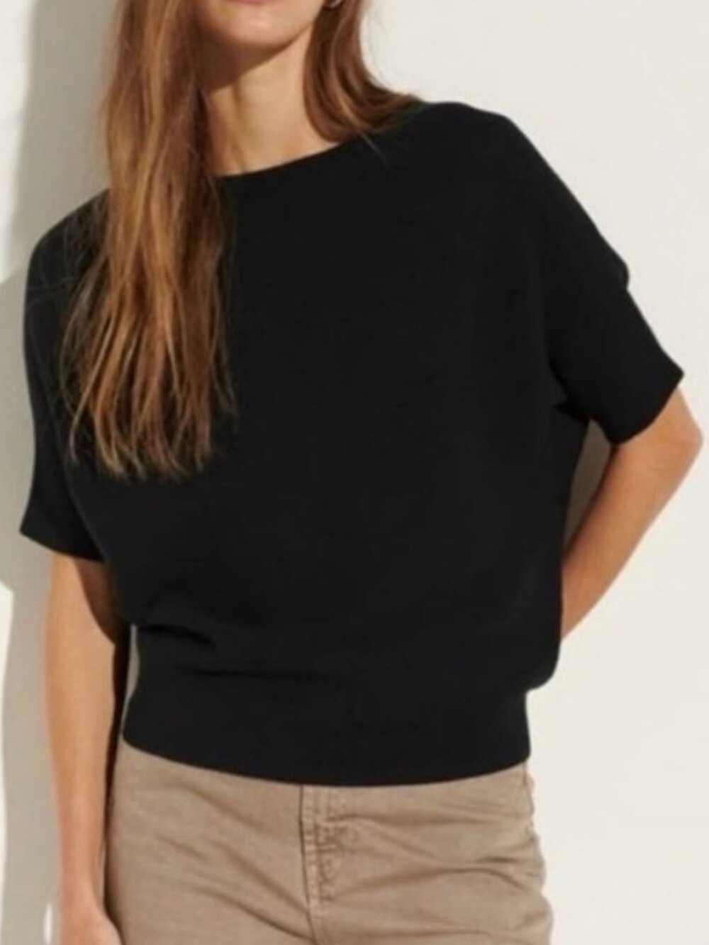 R Label Black 100% Wool Dolman Sleeve Sweater Boxy Knit Top S/M
